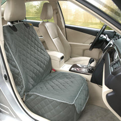 Bark Lover Deluxe front seat cover in gray provides durable protection for dogs during car trips