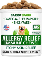 BARK&SPARK Allergy Relief Soft Chews bottle highlights omega-3 support for skin