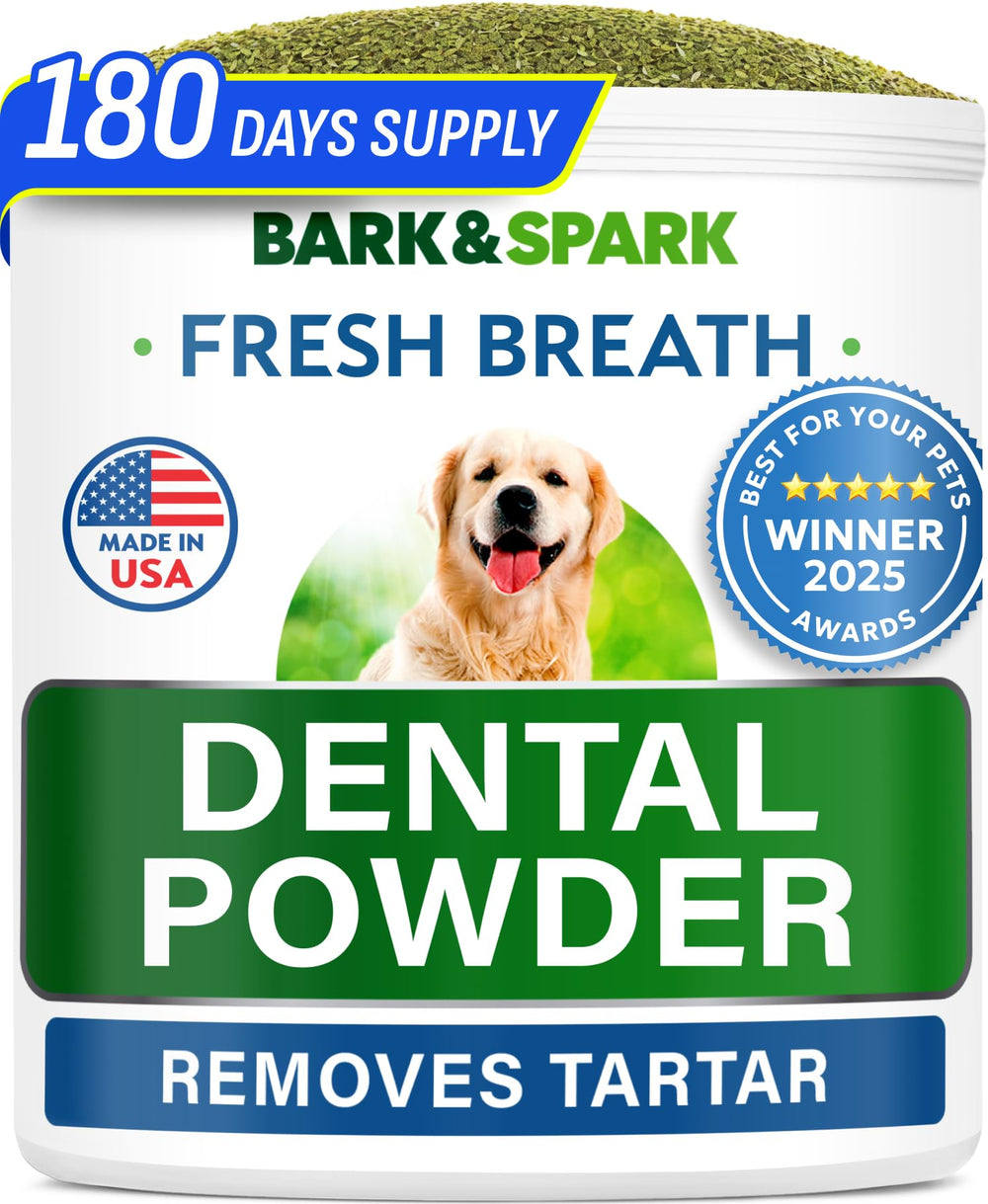 BARK&SPARK dog teeth cleaning powder in a bowl for daily dental care