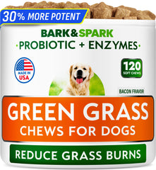 BARK&SPARK Green Grass Dog Chews pack front showing lawn protection benefits.
