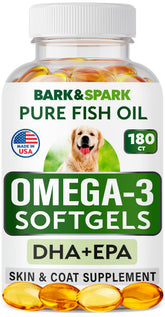 BARK&SPARK Omega-3 dog softgels bottle offers convenient daily skin and joint support.