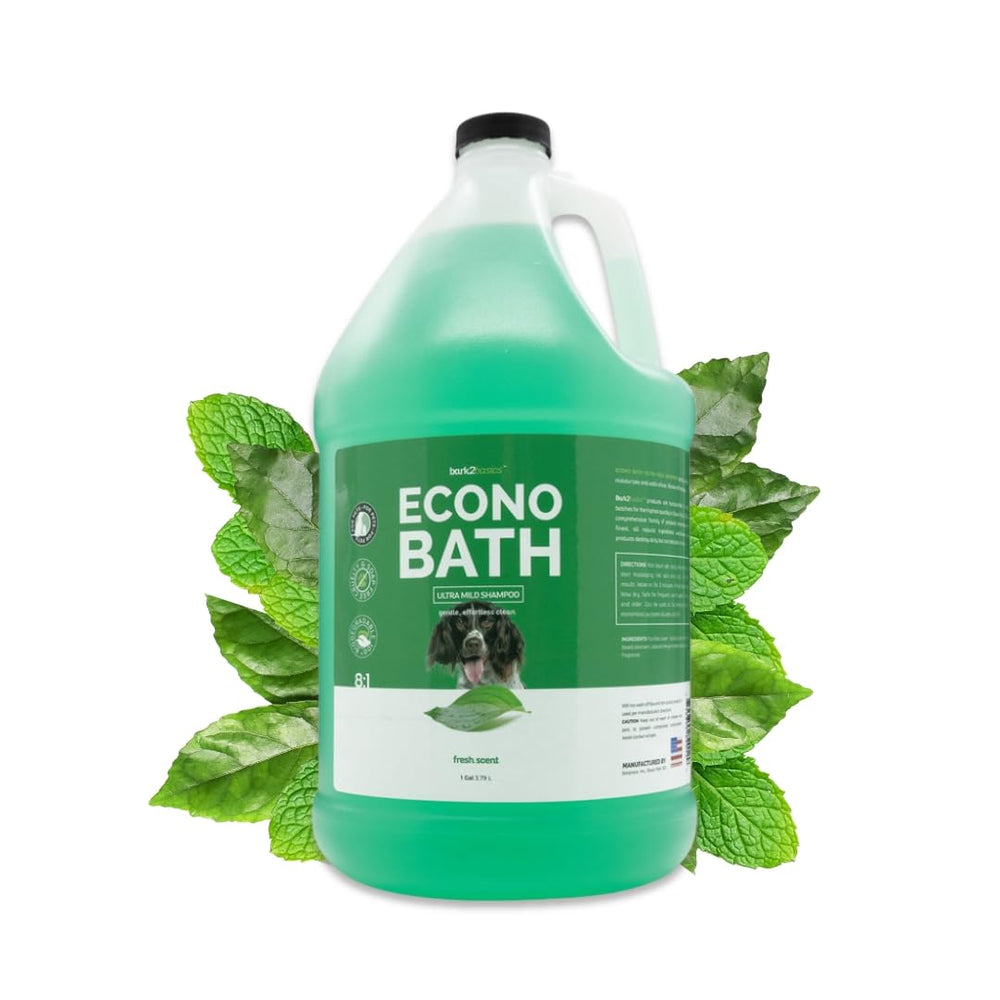 Bark2Basics Econo Bath bottle showing gentle cleansing for sensitive dogs