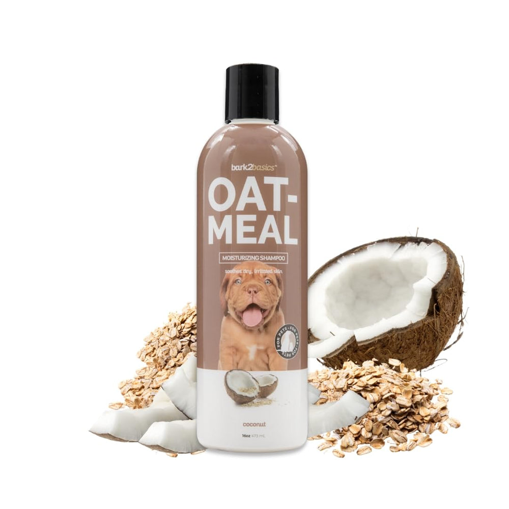 The Bark2Basics Oatmeal Dog Shampoo bottle close-up, soothing scent and gentle cleanse.