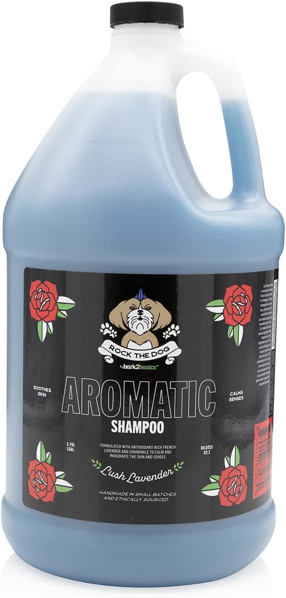 Bark2Basics Rock the Dog Aromatic Shampoo bottle with lavender scent calms bath time for dogs.