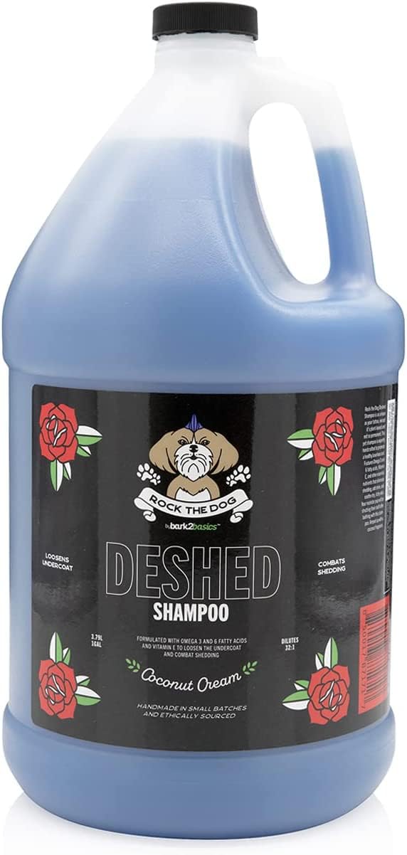 Bark2Basics Rock the Dog deshedding shampoo bottle highlights 32:1 concentrate for reduced shedding.