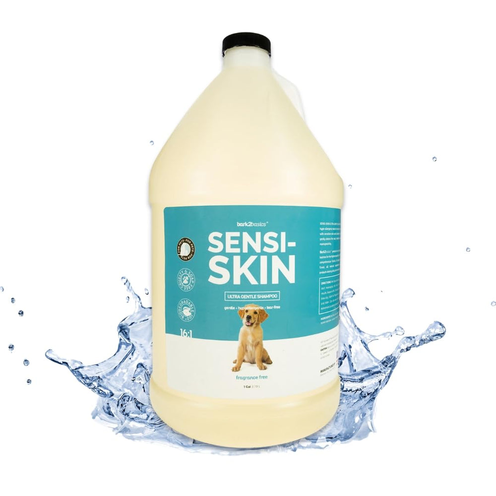 Bark2Basics Sensi-Skin shampoo bottle showing fragrance-free formula gentle on sensitive skin