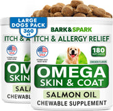 BARK&SPARK Omega-3 dog bottle showing tasty salmon oil chews for joints and coat
