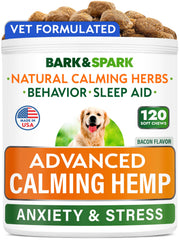 BARK&SPARK calming chews bottle pour with melatonin and hemp oil for everyday stress support.