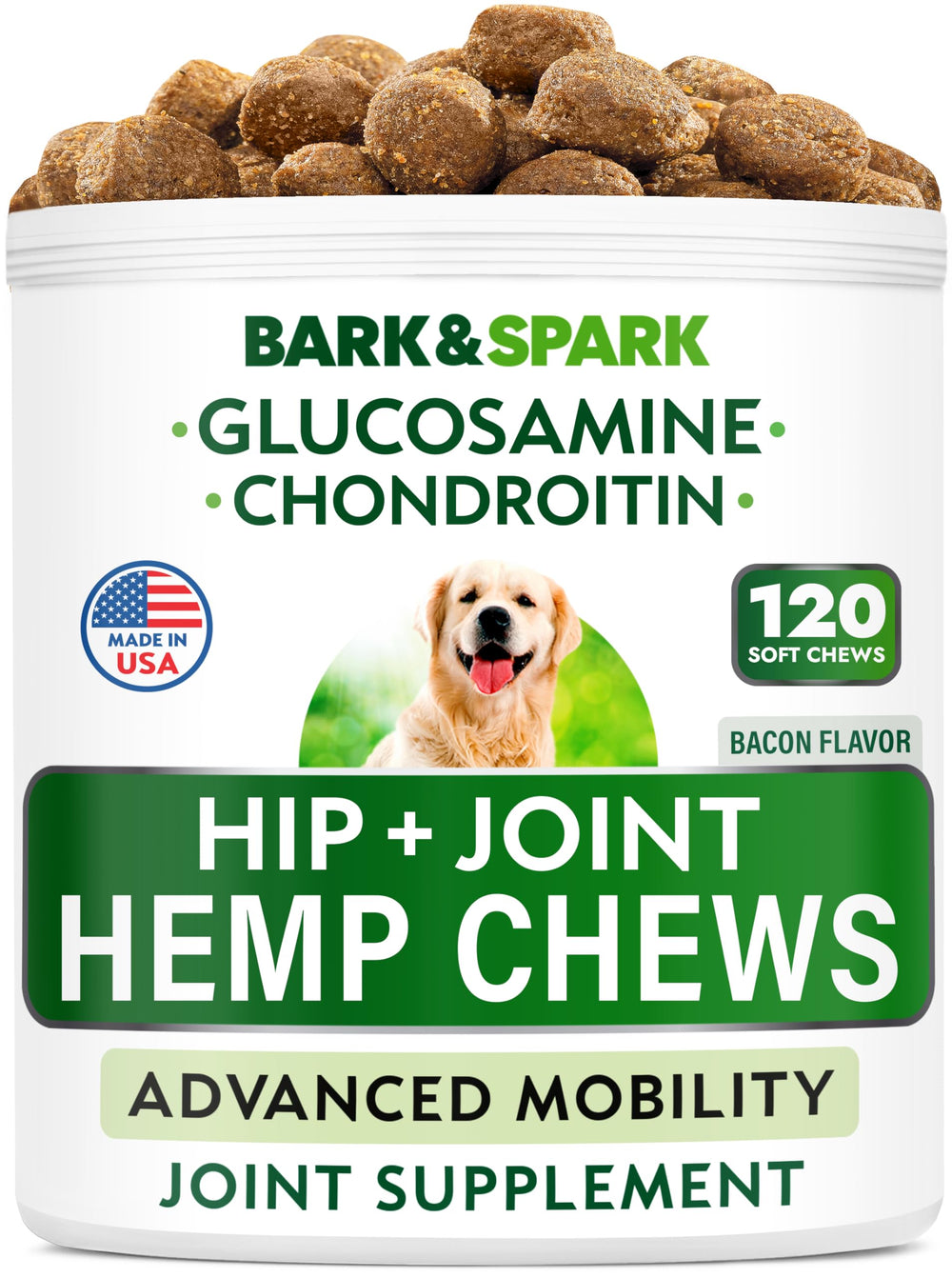 Bark&Spark Advanced Hemp Chews pack shot highlighting joint support for dogs.