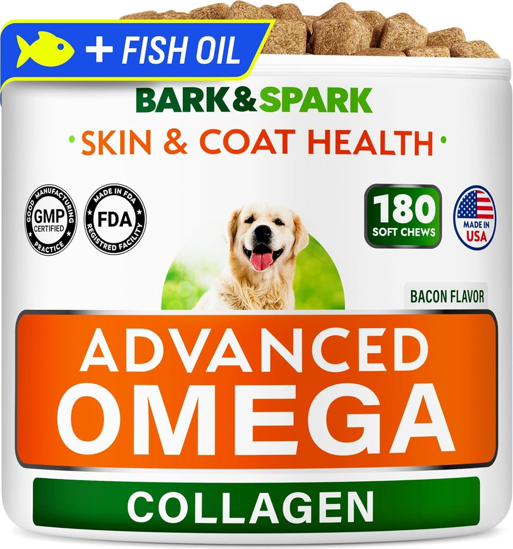 BARK&SPARK Advanced Omega-3 collagen dog treats package shot promoting healthy coat