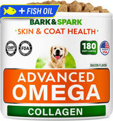 BARK&SPARK Advanced Omega-3 collagen dog treats package shot promoting healthy coat