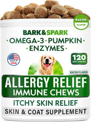 BARK&SPARK bacon soft chews in jar for dogs and skin support.