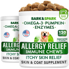 BARK&SPARK dog allergy chews bottle shows easy, daily dosing for seasonal relief.