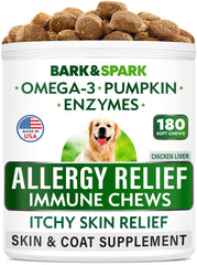 BARK&SPARK allergy relief chews bottle front page highlighting omega-3 benefits
