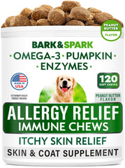BARK&SPARK dog allergy relief soft chews bottle close-up showcases convenient daily treatment.