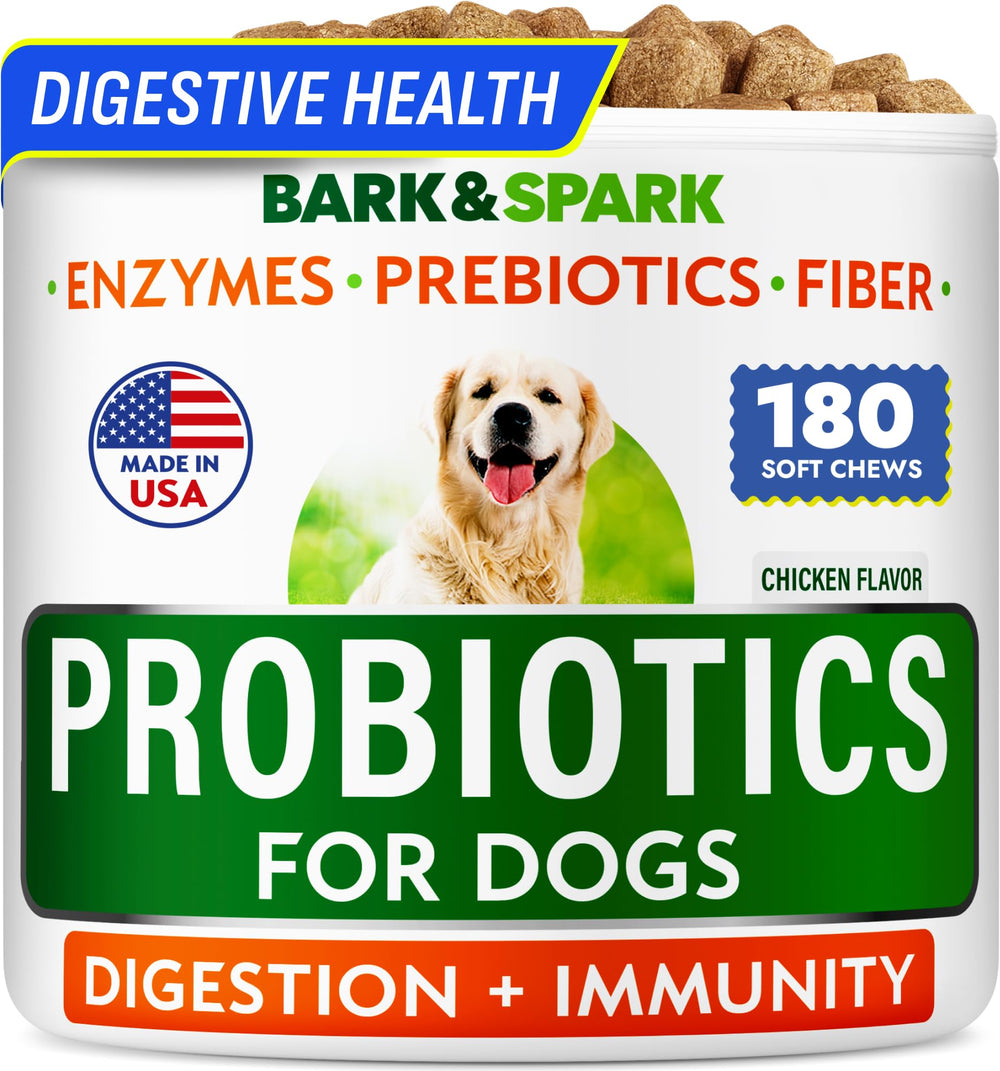 BARK&SPARK dog probiotics 180-chews packaging shows value pack for all dogs