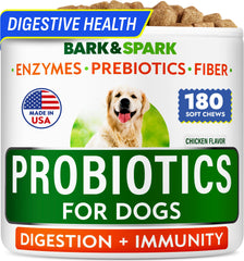 BARK&SPARK dog probiotics 180-chews packaging shows value pack for all dogs