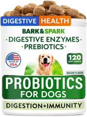 Bark&Spark dog probiotics bottle promotes daily digestive support for dogs.