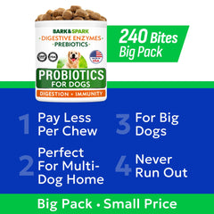 Bark&Spark bag-open scene emphasizes premium probiotic bites for sensitive stomachs.