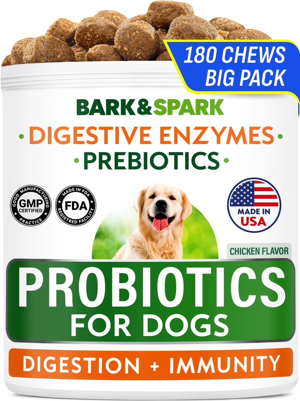Bark&Spark probiotic bottle with 180 chews for daily gut support