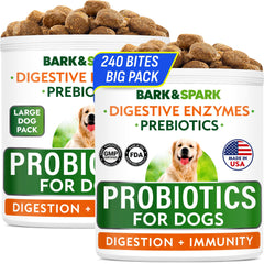 Bark&Spark dog probiotics and enzymes bottle shows premium digestion support.
