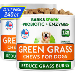 BARK&SPARK Green Grass Chews bottle front for daily lawn protection.