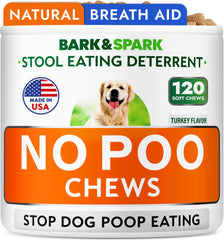 BARK&SPARK No Poo Chews packaging highlights probiotic blend for gut support.