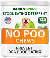 BARK&SPARK No Poo Chews bottle close-up highlighting premium duck liver formula
