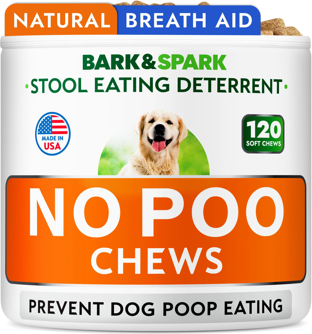 BARK&SPARK No Poo Chews packaging front highlights stool deterrence for dogs