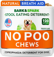 BARK&SPARK No Poo Chews poultry flavor bottle highlights the USA-made dog treat