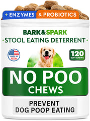 BARK&SPARK No Poo Treats jar showing digestion-support packaging.