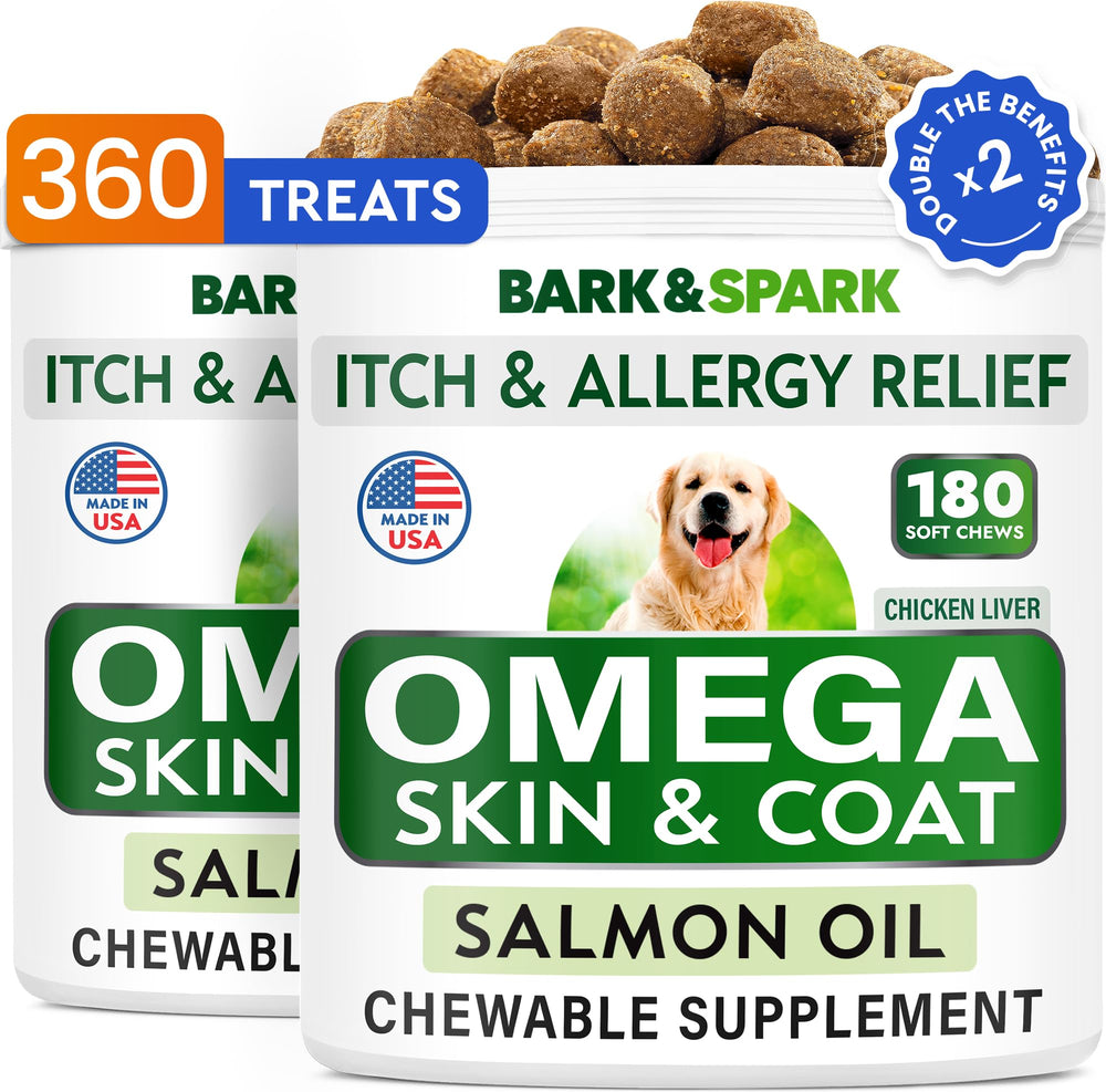 BARK&SPARK Omega3 dog chews shown on hand for skin and coat support.
