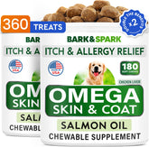 BARK&SPARK Omega3 dog chews shown on hand for skin and coat support.