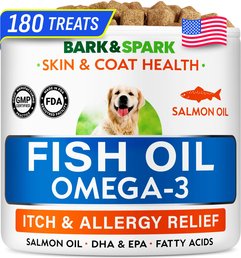 BARK&SPARK Omega 3 dog treats bottle showing potential coat benefits