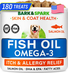 BARK&SPARK Omega 3 dog treats bottle showing potential coat benefits