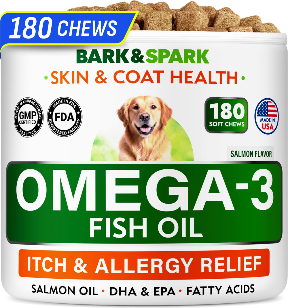 BARK&SPARK Omega 3 treats jar front highlighting salmon flavor for dogs and cats