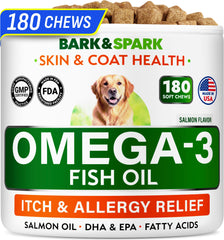 BARK&SPARK Omega 3 treats jar front highlighting salmon flavor for dogs and cats