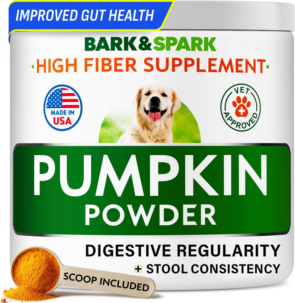 BARK&SPARK Pumpkin Powder jar shows natural fiber for dogs' digestion