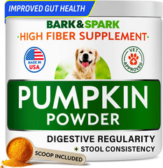 BARK&SPARK Pumpkin Powder jar shows natural fiber for dogs' digestion