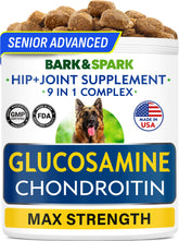 BARK&SPARK bottle close-up showing senior glucosamine chondroitin for joint support