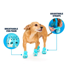 BarkBox Aqua Crocs dog shoes with non-slip soles grip sidewalks and grass.