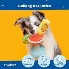BarkBox Bulldog Barkarita toy in motion with floppy parts for engagement.