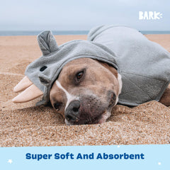 Machine washable BarkBox dog bathrobe for easy cleaning after baths.