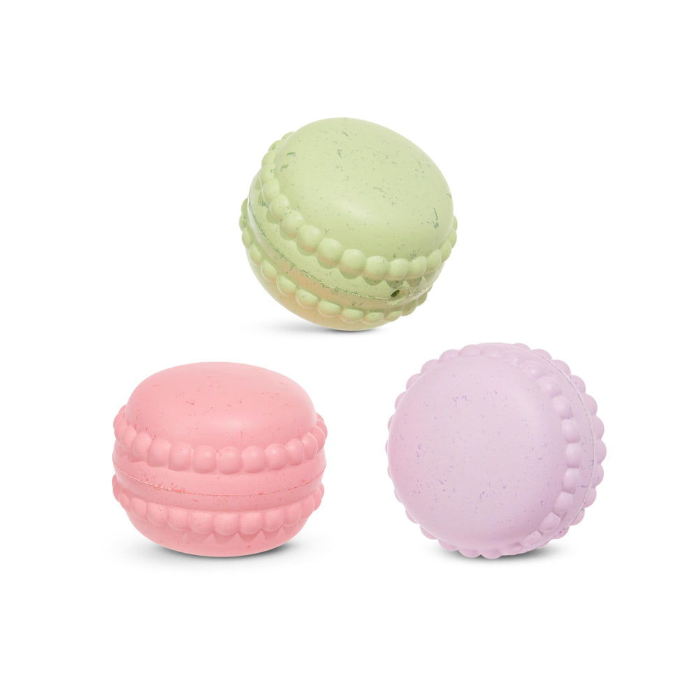 Barkbox Macaruffs trio toy set for small dogs with colorful macaroons.