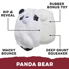 Panda plush layer over natural rubber core for resilience during play.