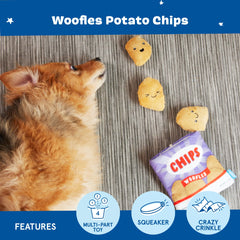 Barkbox Woofles Potato Chips inner squeaky ball provides surprising sounds.