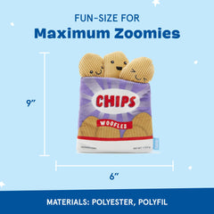 Barkbox Woofles Potato Chips tearable design reveals inner toy for discovery.