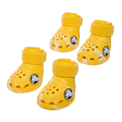 BarkBox Yellow Crocs dog shoes four-pack on paws for full paw protection during walks