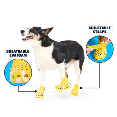 BarkBox Yellow Crocs strap closeup demonstrating adjustable strap for secure fit