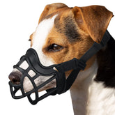 BARKLESS basket muzzle front view shows secure snout protection for safe outings